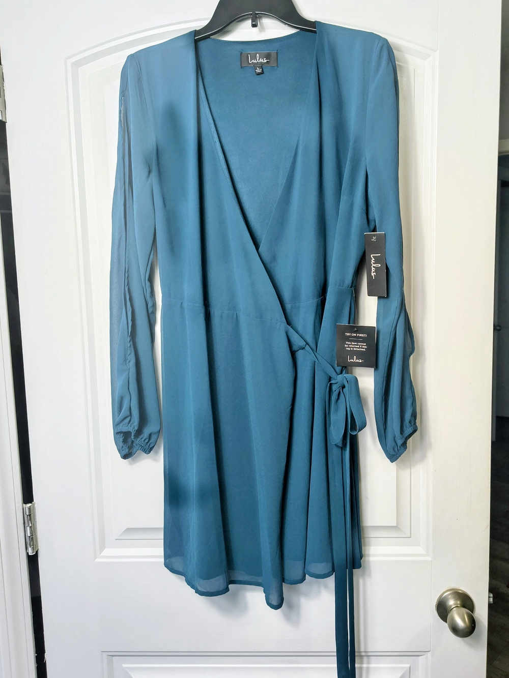 Lulu's Teal Wrap Long-Sleeve Tie-Waist Dress